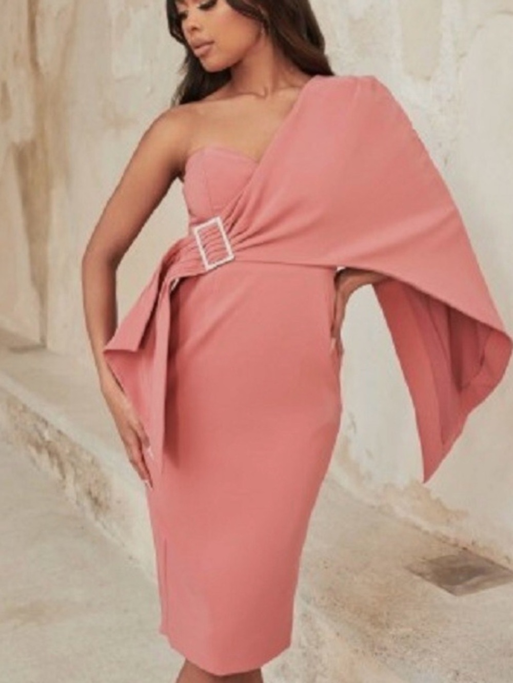 Lavish Alice One-Shoulder Draped Midi Dress in Peach